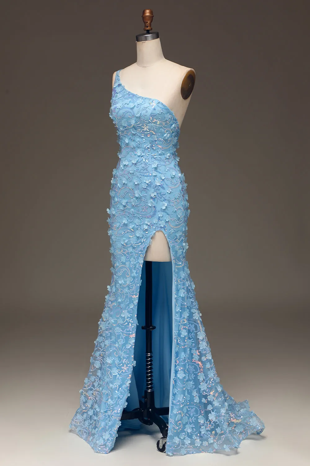 Luolandi Light Blue Mermaid One Shoulder Side Slit Sequin Prom Dress with Appliques With Flowers