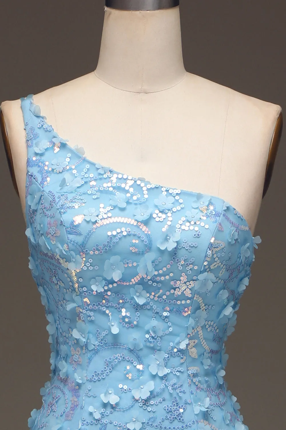 Luolandi Light Blue Mermaid One Shoulder Side Slit Sequin Prom Dress with Appliques With Flowers