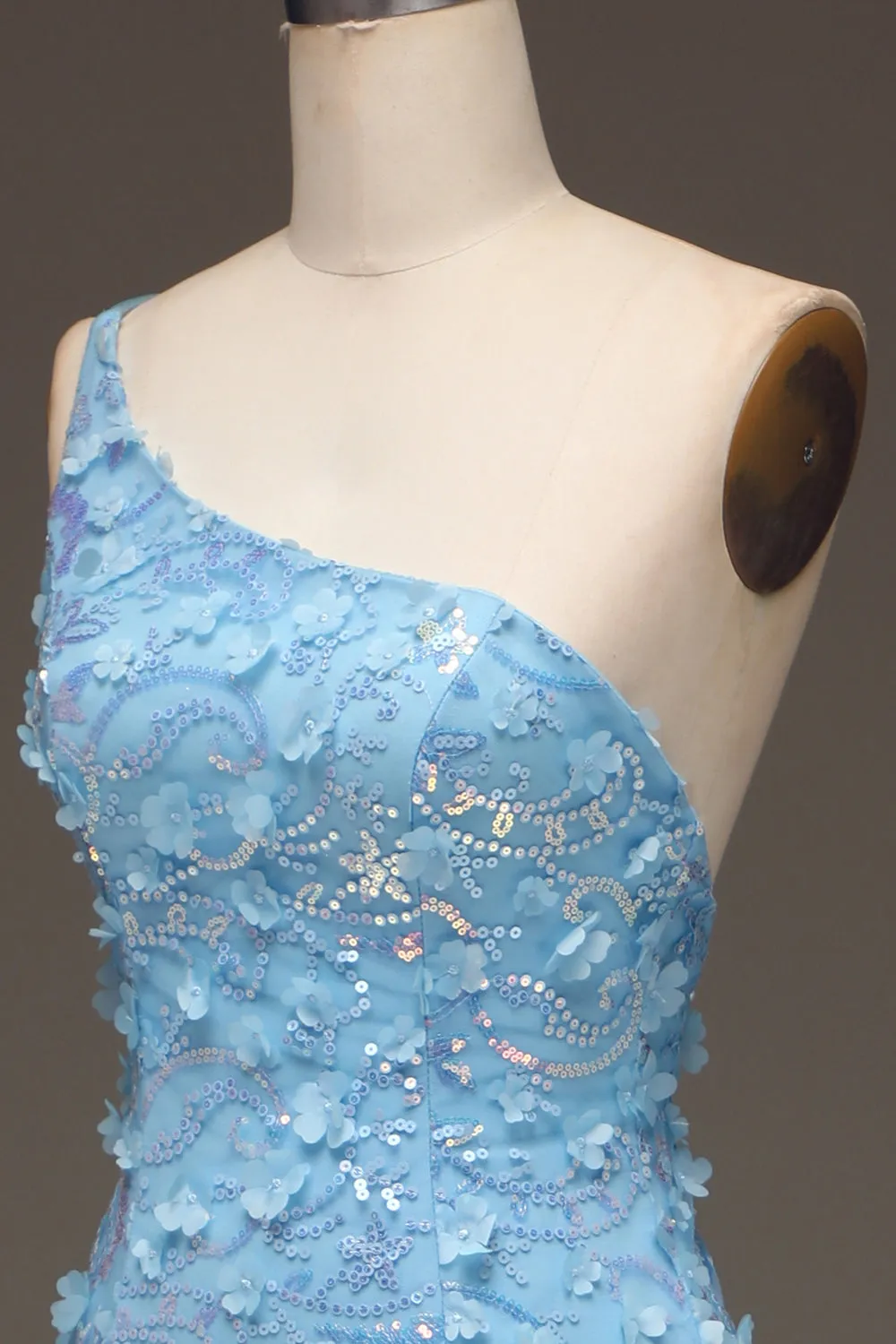 Luolandi Light Blue Mermaid One Shoulder Side Slit Sequin Prom Dress with Appliques With Flowers