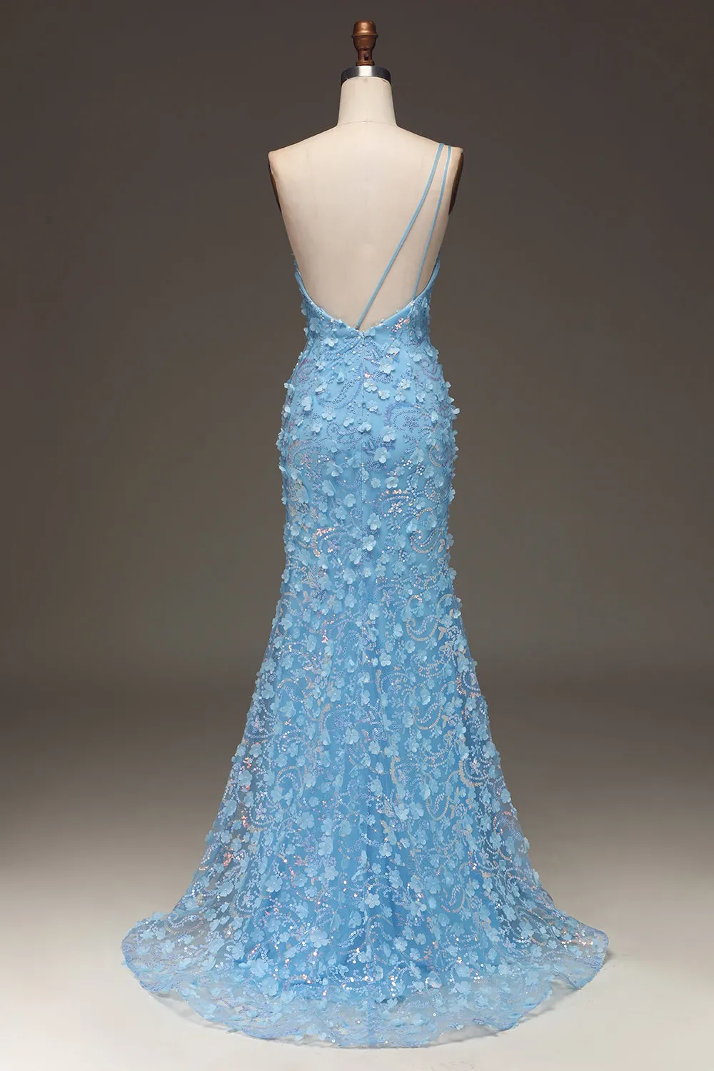 Luolandi Light Blue Mermaid One Shoulder Side Slit Sequin Prom Dress with Appliques With Flowers