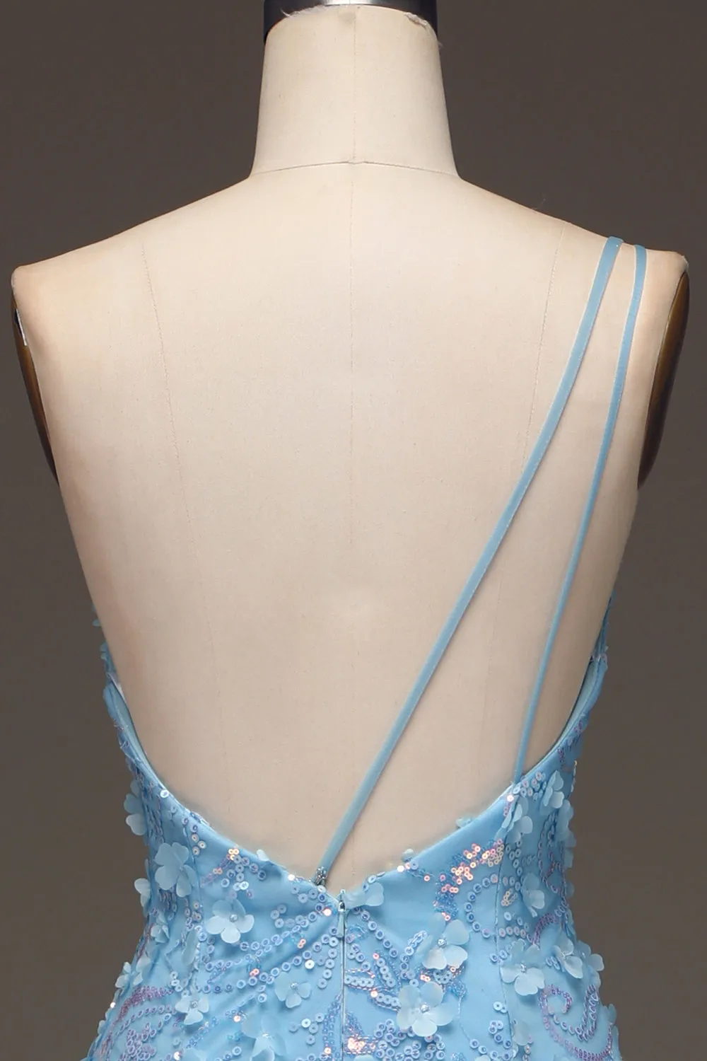 Luolandi Light Blue Mermaid One Shoulder Side Slit Sequin Prom Dress with Appliques With Flowers