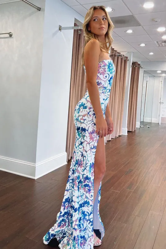 Luolandi Mermaid One Shoulder Sequins Long Prom Dress with Slit Floor Length Sexy