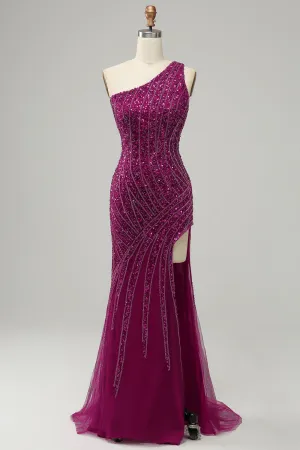 Luolandi Mermaid One Shoulder Sequins Prom Dress with Slit Dark Purple Sparkly