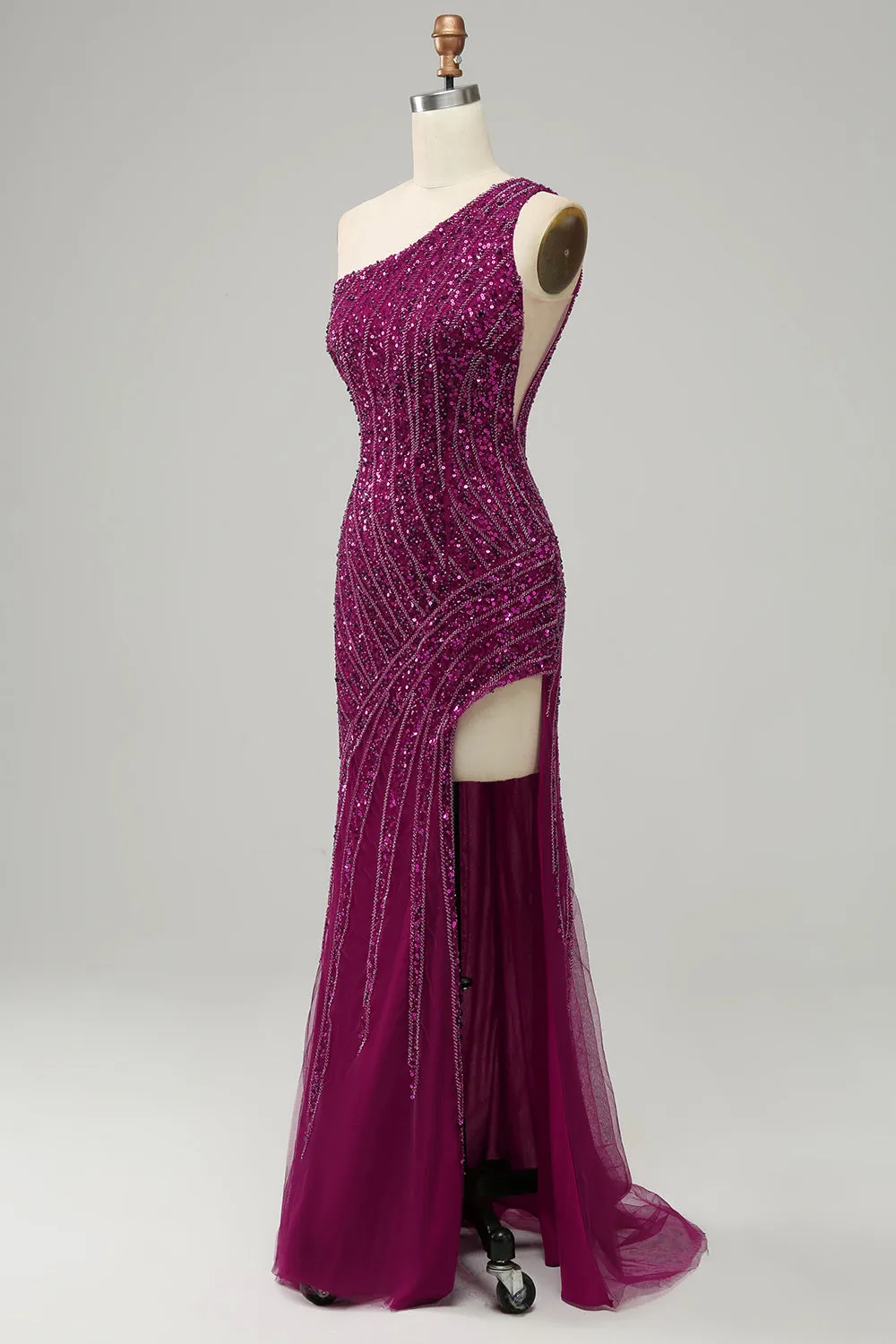 Luolandi Mermaid One Shoulder Sequins Prom Dress with Slit Dark Purple Sparkly