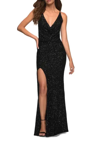 Luolandi Noble sequin thin shoulder strap sleeveless off shoulder and floor length front slit evening dress Sexy