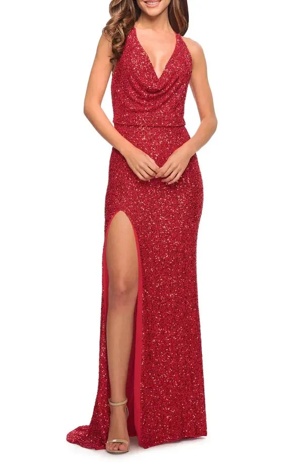 Luolandi Noble sequin thin shoulder strap sleeveless off shoulder and floor length front slit evening dress Sexy