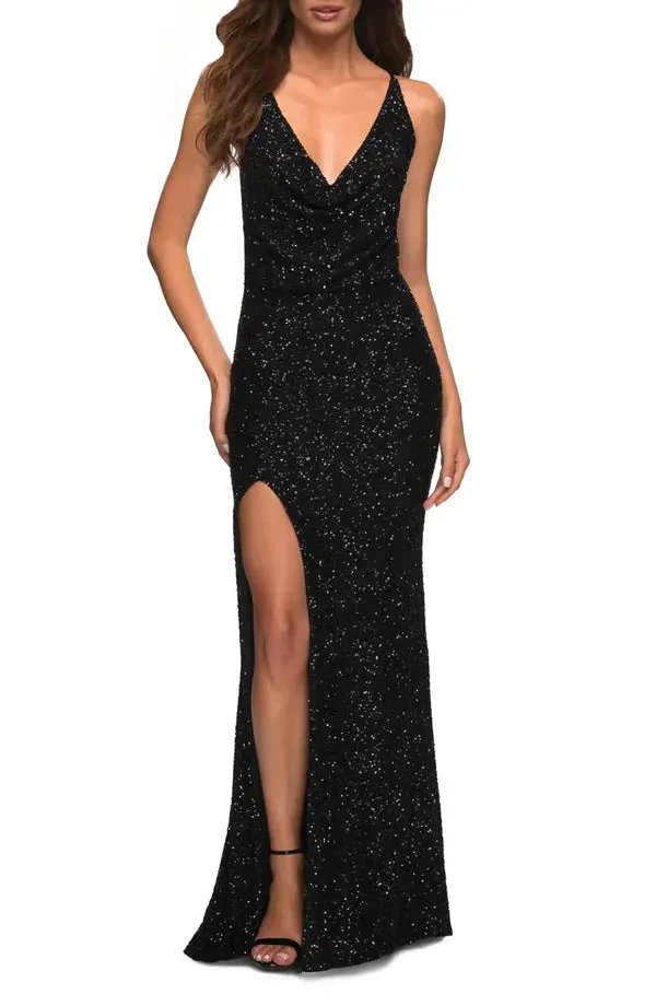 Luolandi Noble sequin thin shoulder strap sleeveless off shoulder and floor length front slit evening dress Sexy