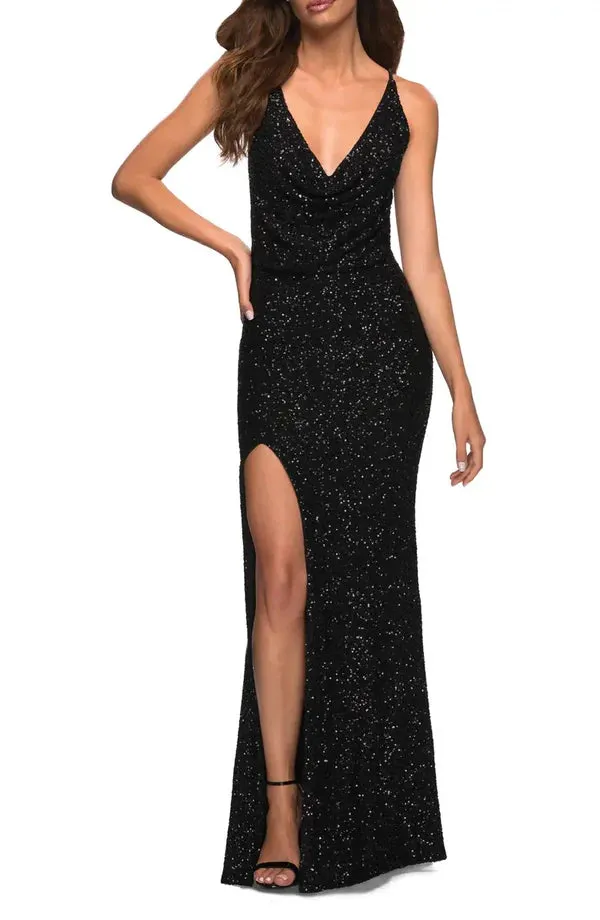 Luolandi Noble sequin thin shoulder strap sleeveless off shoulder and floor length front slit evening dress Sexy