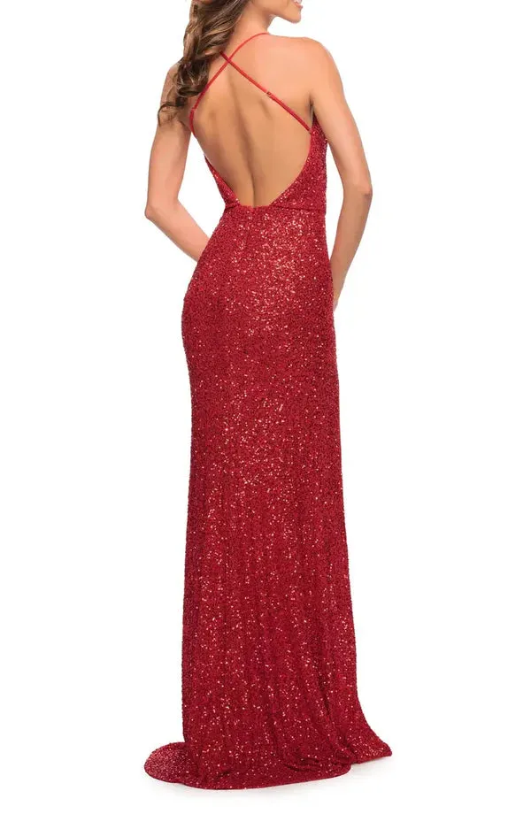 Luolandi Noble sequin thin shoulder strap sleeveless off shoulder and floor length front slit evening dress Sexy