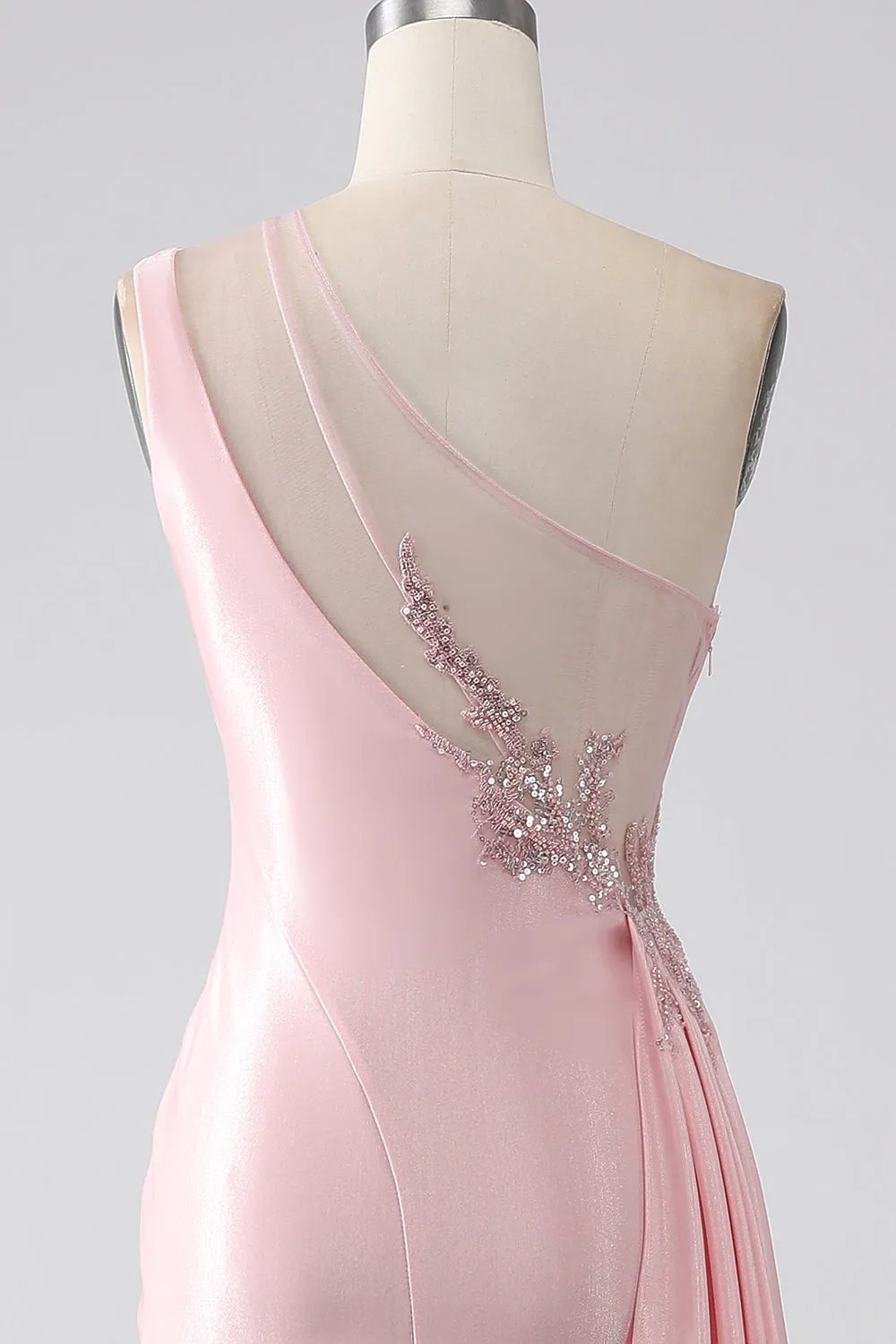 Luolandi Pink Mermaid One Shoulder Sequins Appliques Ruched Long Prom Dress With Slit Sexy Evening Dresses