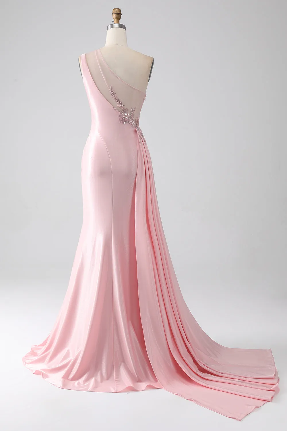 Luolandi Pink Mermaid One Shoulder Sequins Appliques Ruched Long Prom Dress With Slit Sexy Evening Dresses