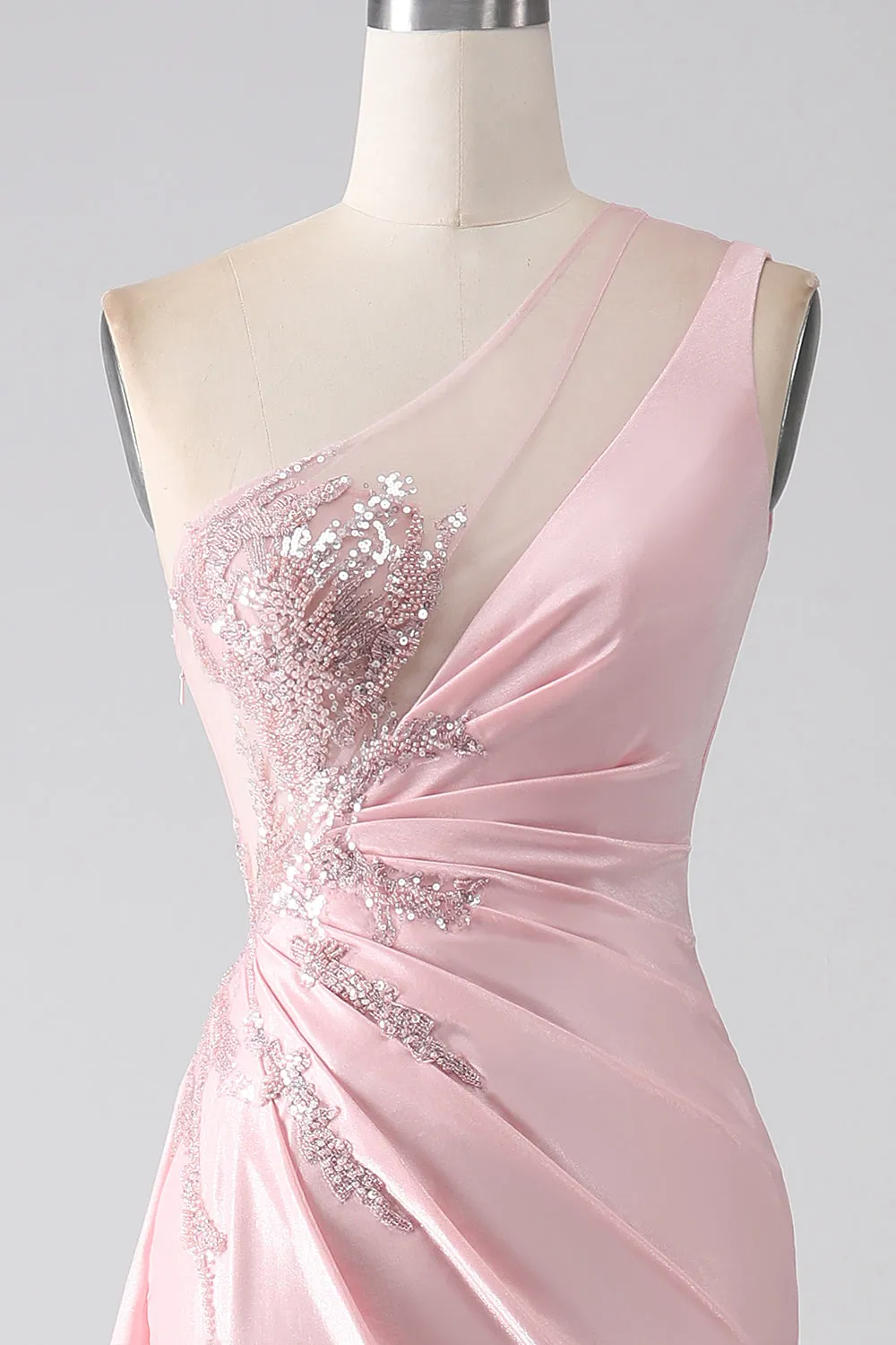Luolandi Pink Mermaid One Shoulder Sequins Appliques Ruched Long Prom Dress With Slit Sexy Evening Dresses