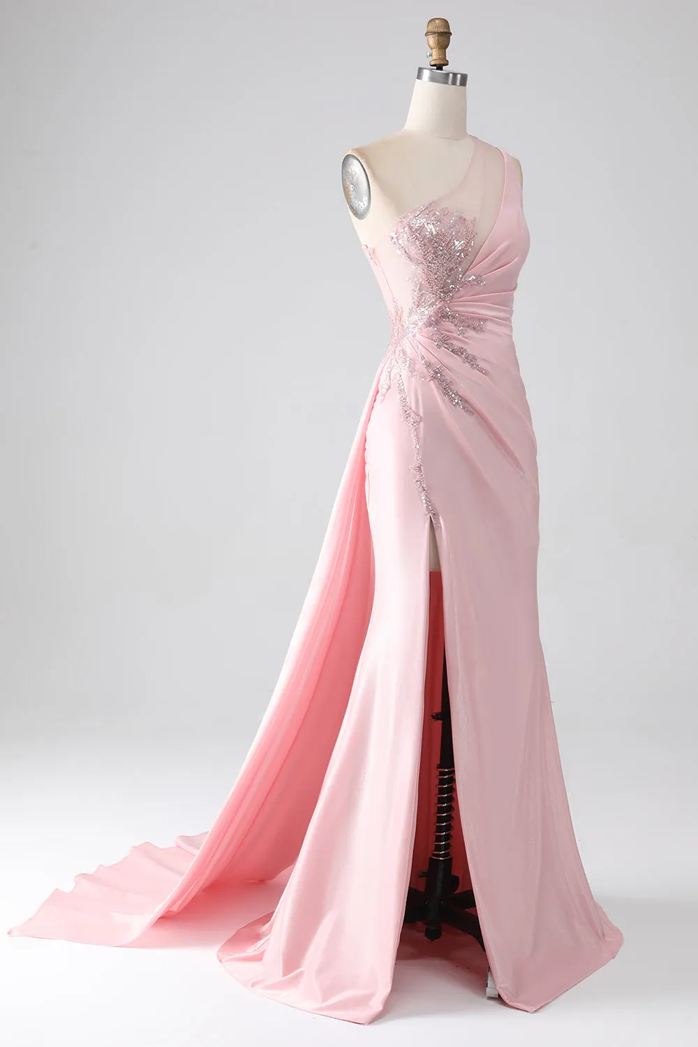 Luolandi Pink Mermaid One Shoulder Sequins Appliques Ruched Long Prom Dress With Slit Sexy Evening Dresses