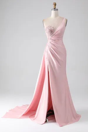 Luolandi Pink Mermaid One Shoulder Sequins Appliques Ruched Long Prom Dress With Slit Sexy Evening Dresses