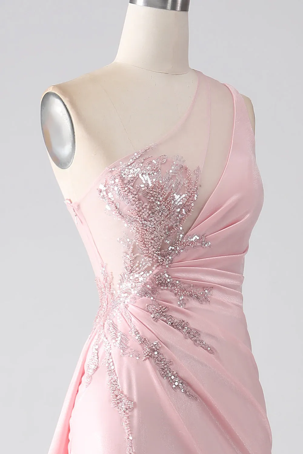 Luolandi Pink Mermaid One Shoulder Sequins Appliques Ruched Long Prom Dress With Slit Sexy Evening Dresses