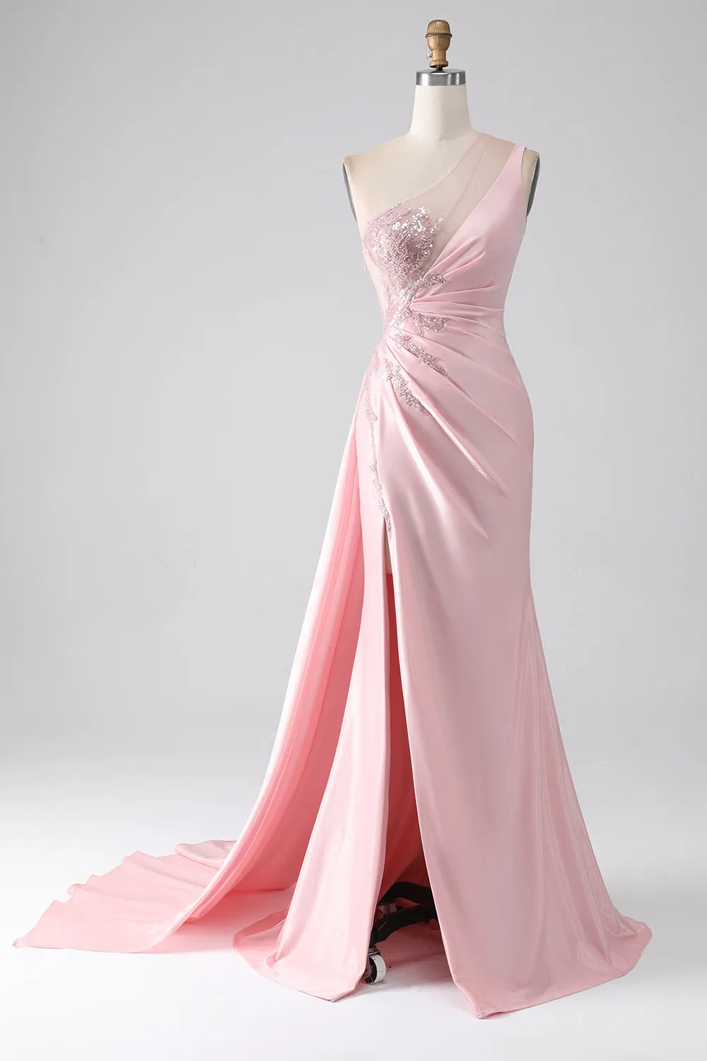 Luolandi Pink Mermaid One Shoulder Sequins Appliques Ruched Long Prom Dress With Slit Sexy Evening Dresses