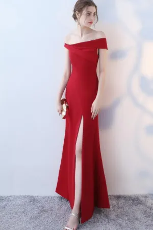 Luolandi Simple Full Length Mermaid Sexy Off Shoulder Sleeves Slit Prom Dress Party Dresses