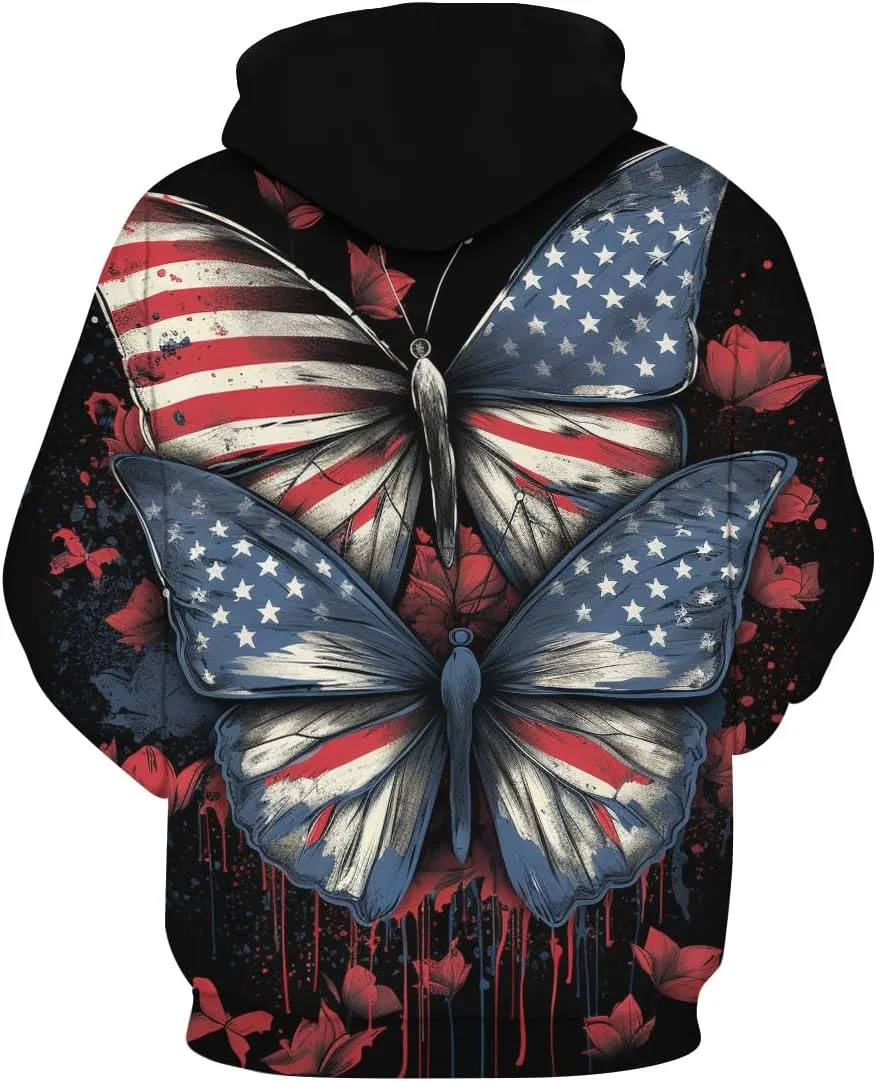 Men And Women 3D Printed Butterfly Graphic Hoodies American Flag Sweatshirts