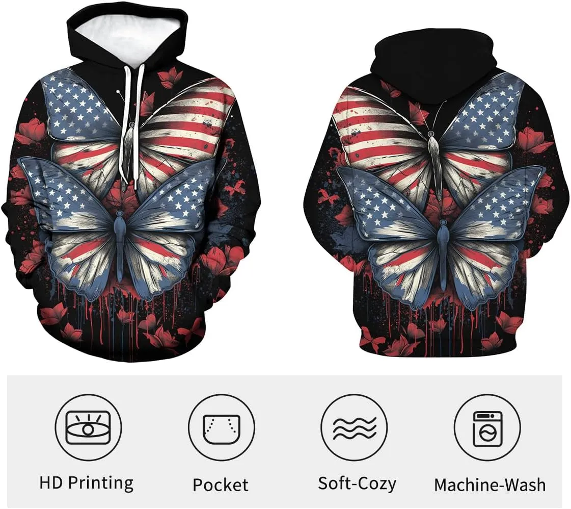 Men And Women 3D Printed Butterfly Graphic Hoodies American Flag Sweatshirts
