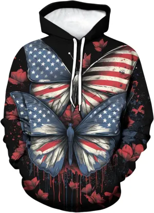 Men And Women 3D Printed Butterfly Graphic Hoodies American Flag Sweatshirts