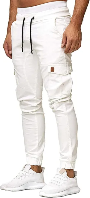 Men Slim Fit Casual Jogger Athletic Long Pant Hip Hop Chino Pocket Trousers Drawstring Outdoor Work Military Tactical Pants (White,3X-Large)