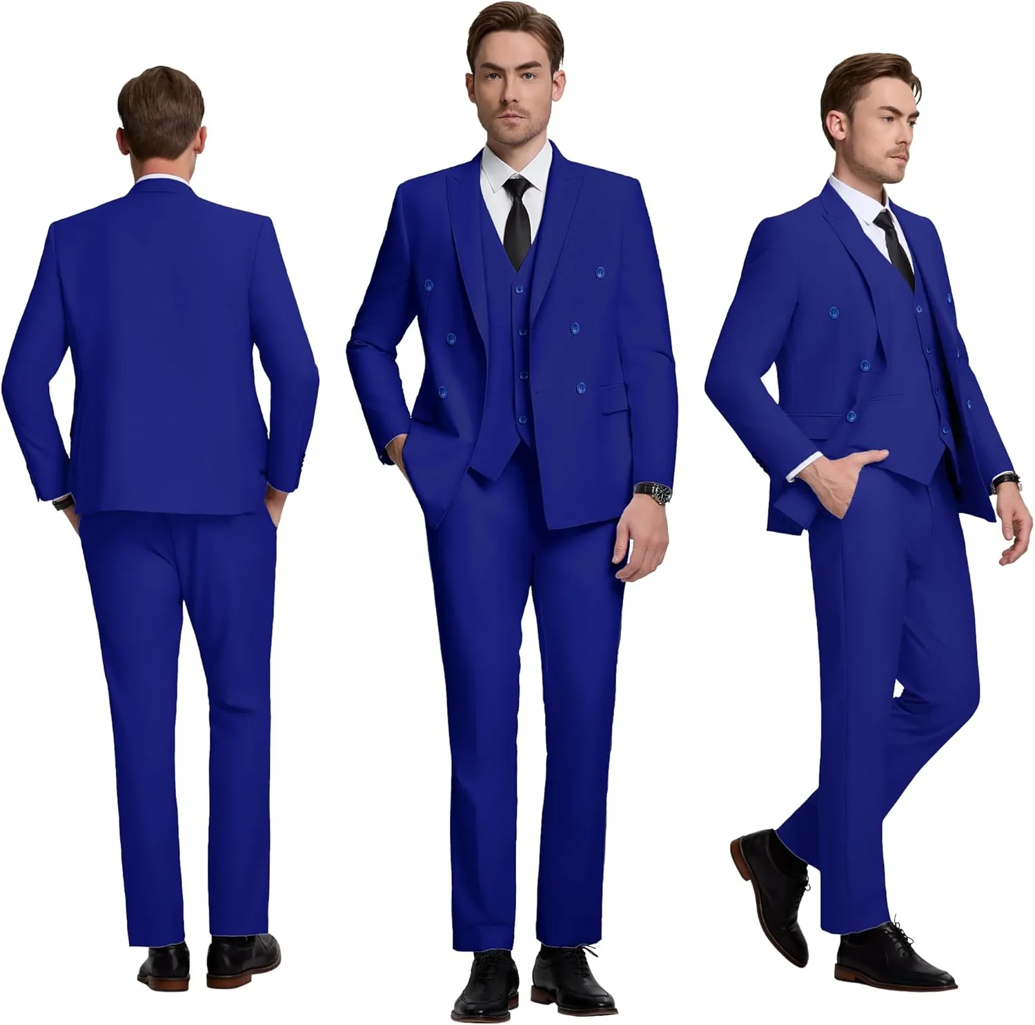 Mens Double Breasted Suit Slim Fit 3 Piece Suit Peak Lapel Solid Blazer Jacket Vest Pant Tuxedo Set for Wedding Business