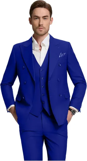 Mens Double Breasted Suit Slim Fit 3 Piece Suit Peak Lapel Solid Blazer Jacket Vest Pant Tuxedo Set for Wedding Business