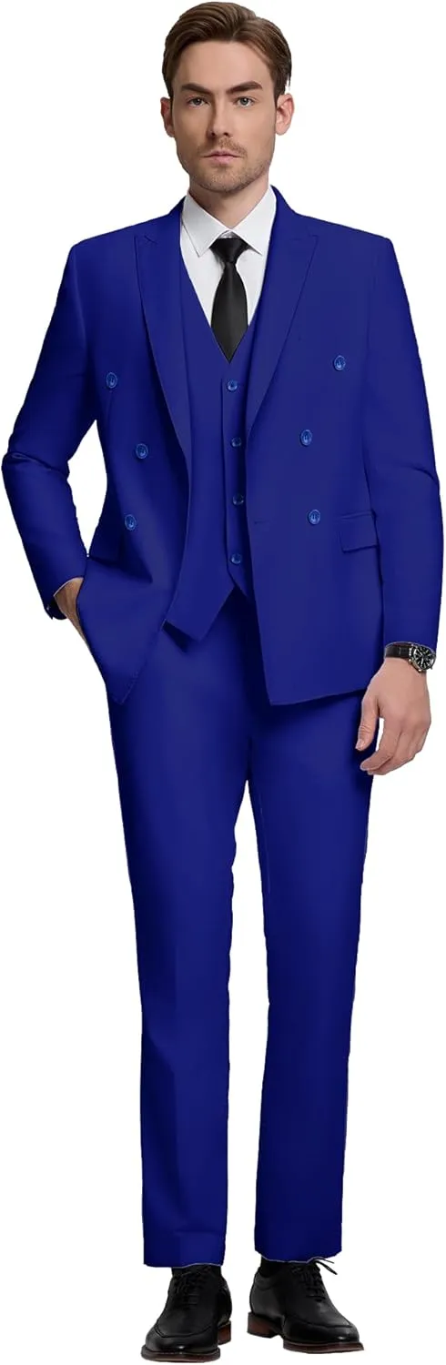 Mens Double Breasted Suit Slim Fit 3 Piece Suit Peak Lapel Solid Blazer Jacket Vest Pant Tuxedo Set for Wedding Business