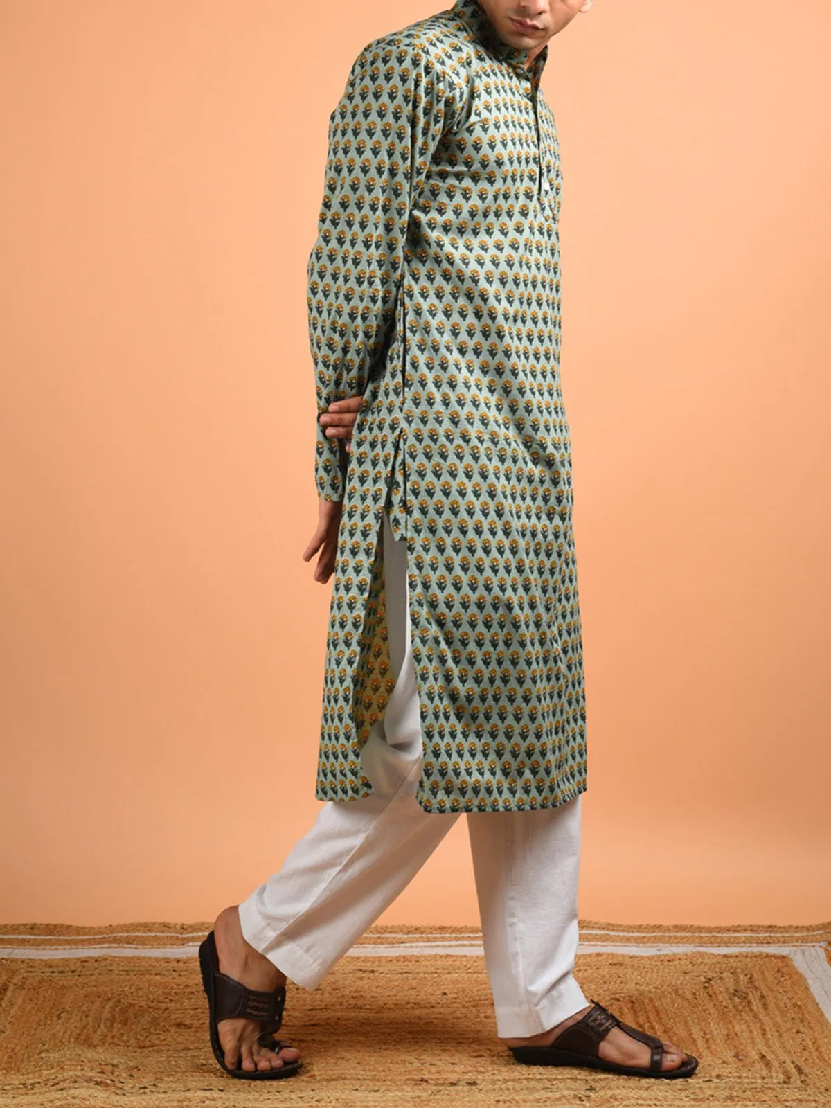 Mihir Sanganeri Print Men's Kurta Green