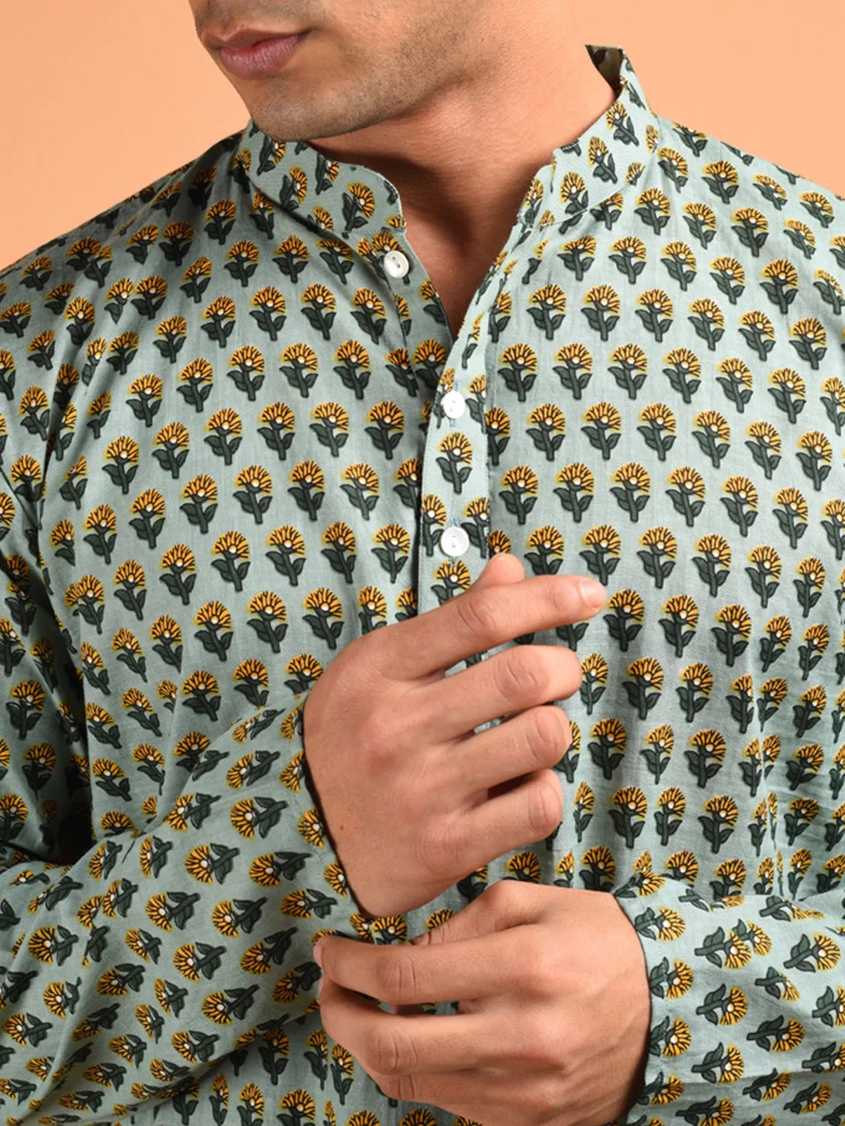 Mihir Sanganeri Print Men's Kurta Green
