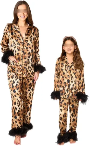 Mommy and Me Matching Christmas Pajamas Set Feather Fur Trim Xmas Pjs Set 2 Piece Silk Sleepwear for Women Girl