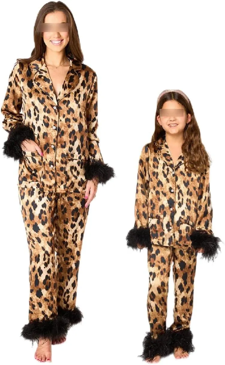 Mommy and Me Matching Christmas Pajamas Set Feather Fur Trim Xmas Pjs Set 2 Piece Silk Sleepwear for Women Girl