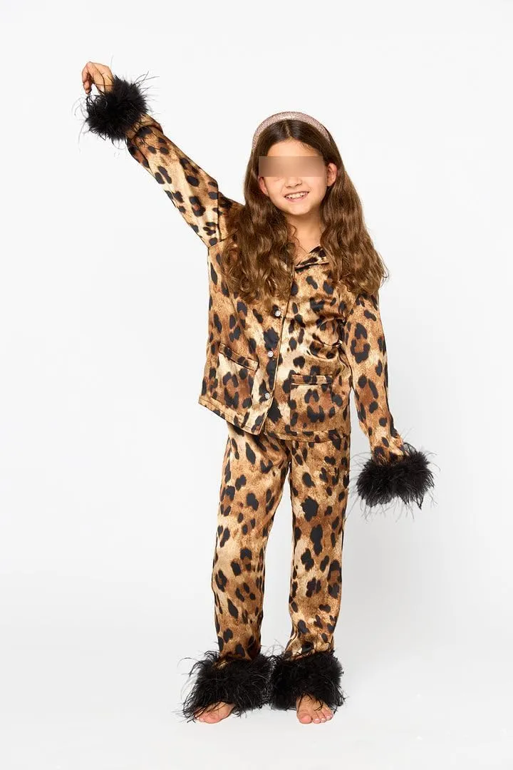 Mommy and Me Matching Christmas Pajamas Set Feather Fur Trim Xmas Pjs Set 2 Piece Silk Sleepwear for Women Girl