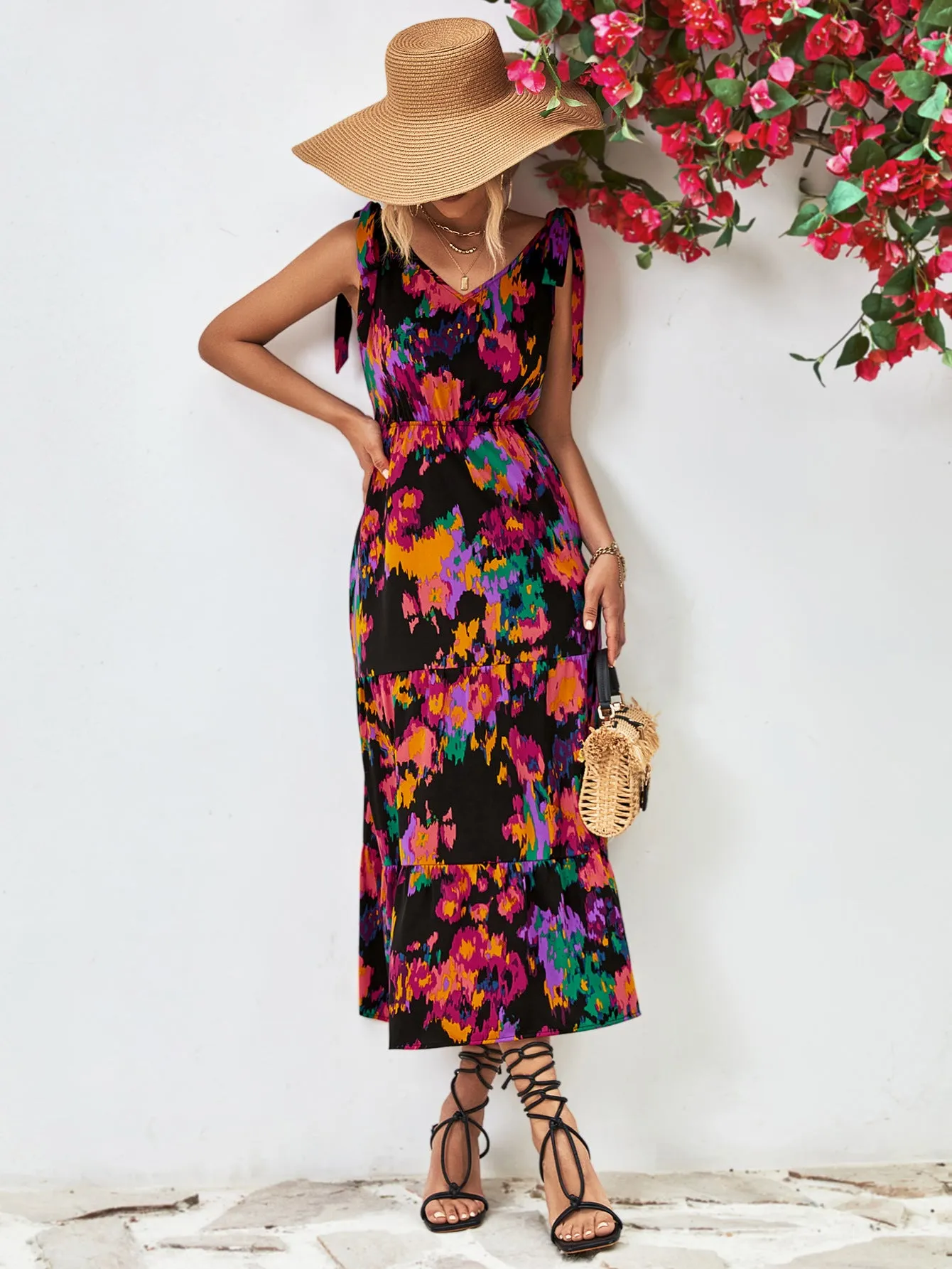 Multicolored V-Neck Backless Midi Dress