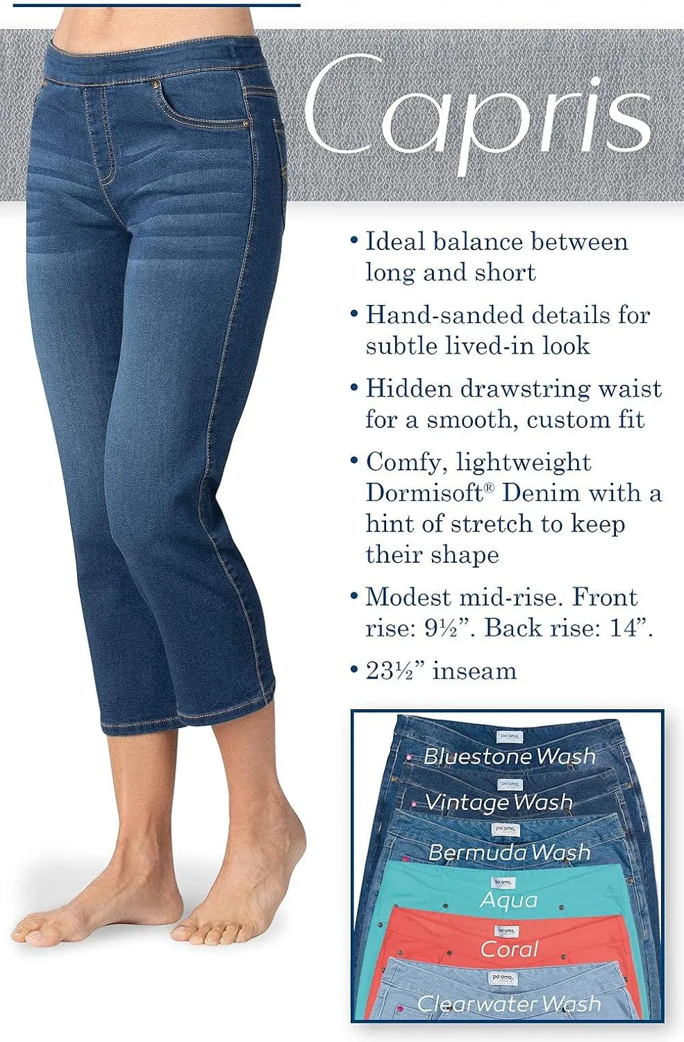 PajamaJeans Women's Capri Jeans for Summer - Pull on Capris - Womens Casual Pedal Pushers