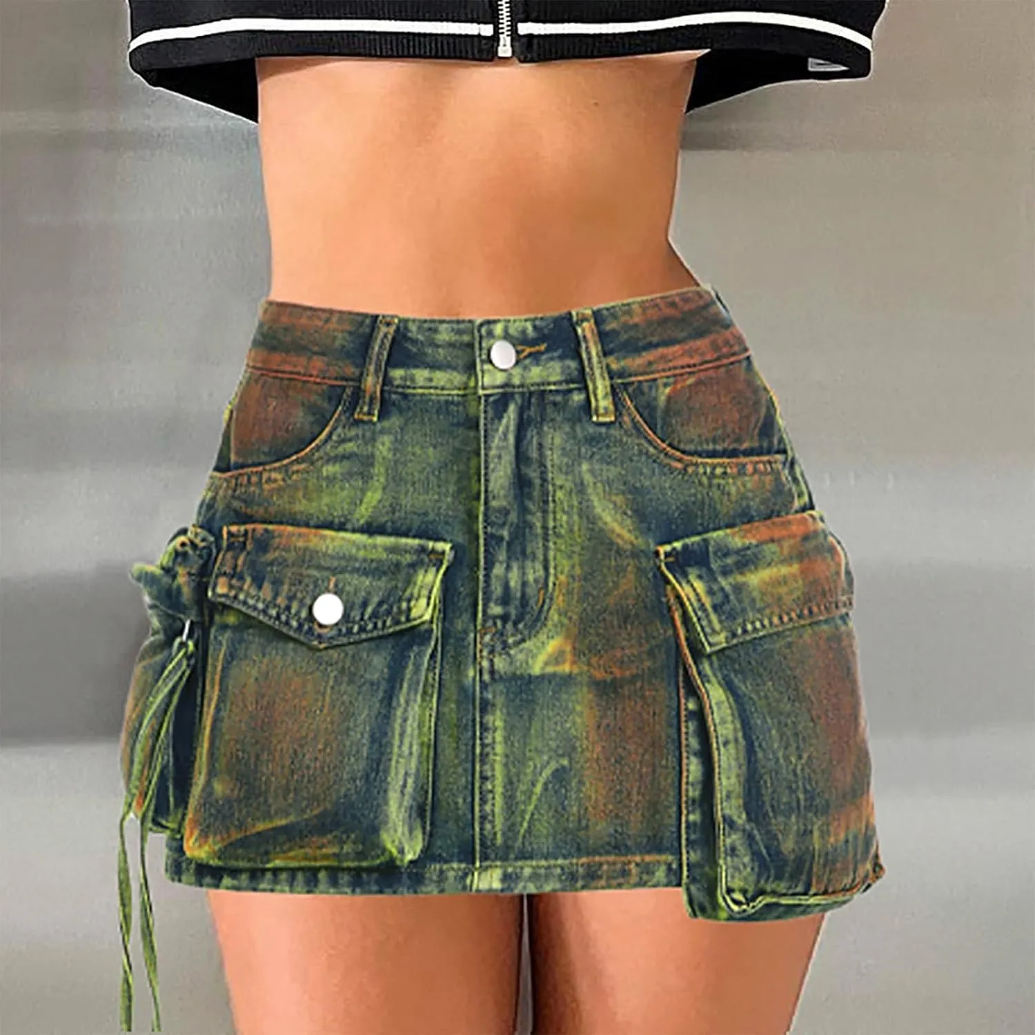 Pleated Skirts for Women Mid Waist Mini Jean Skirts Trendy Sweet Flare Hem A-Line Skirt Casual Comfy Denim Skirt