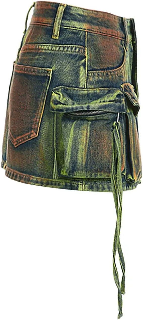 Pleated Skirts for Women Mid Waist Mini Jean Skirts Trendy Sweet Flare Hem A-Line Skirt Casual Comfy Denim Skirt