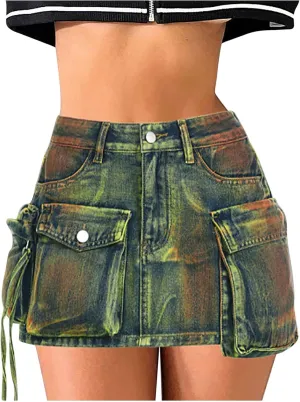 Pleated Skirts for Women Mid Waist Mini Jean Skirts Trendy Sweet Flare Hem A-Line Skirt Casual Comfy Denim Skirt
