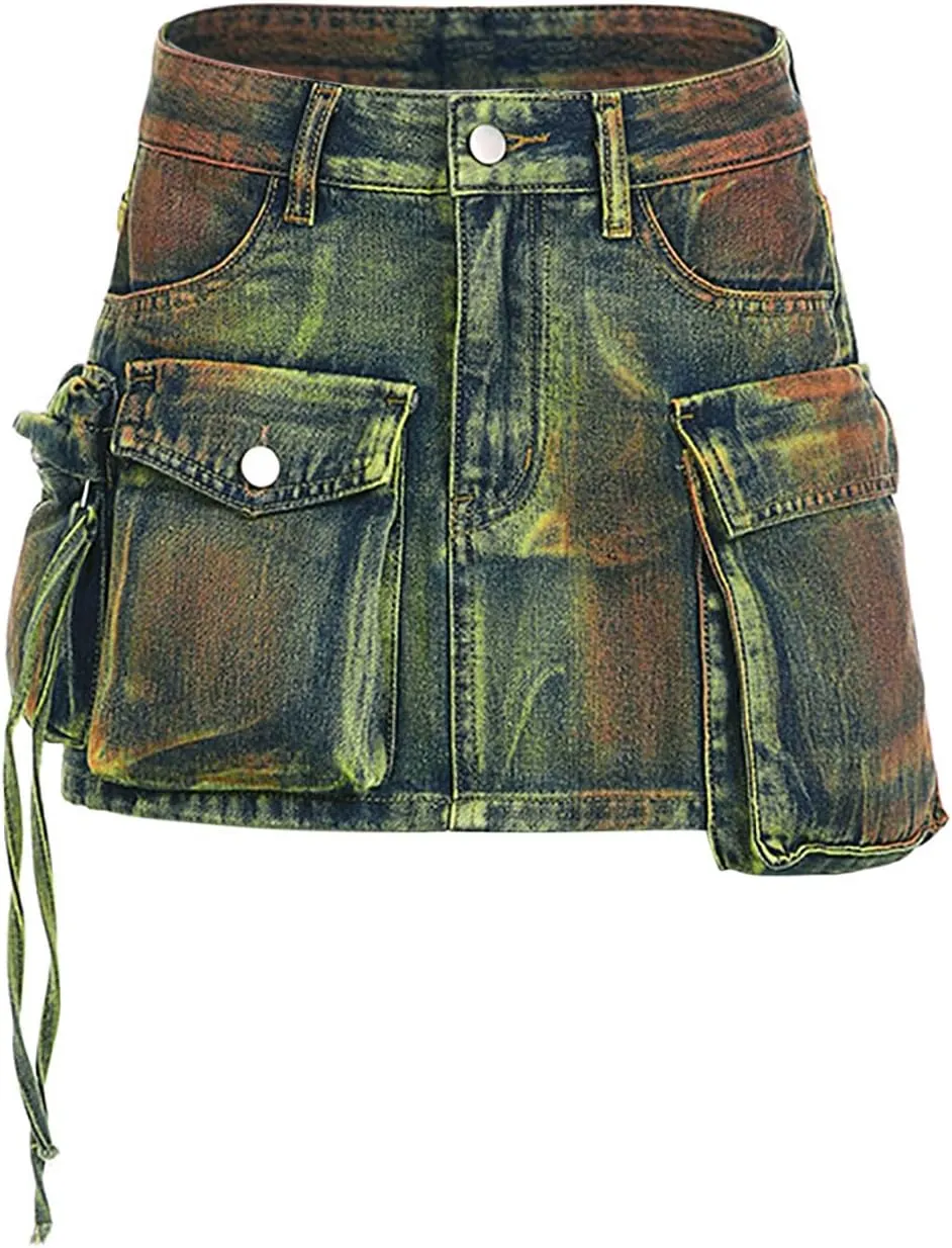 Pleated Skirts for Women Mid Waist Mini Jean Skirts Trendy Sweet Flare Hem A-Line Skirt Casual Comfy Denim Skirt