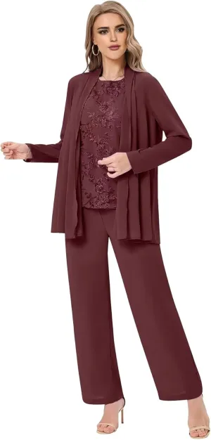 Plus Size 3 Piece Mother of Bride Pant Suits Chiffon Formal Pantsuit Wedding Guest Outfit