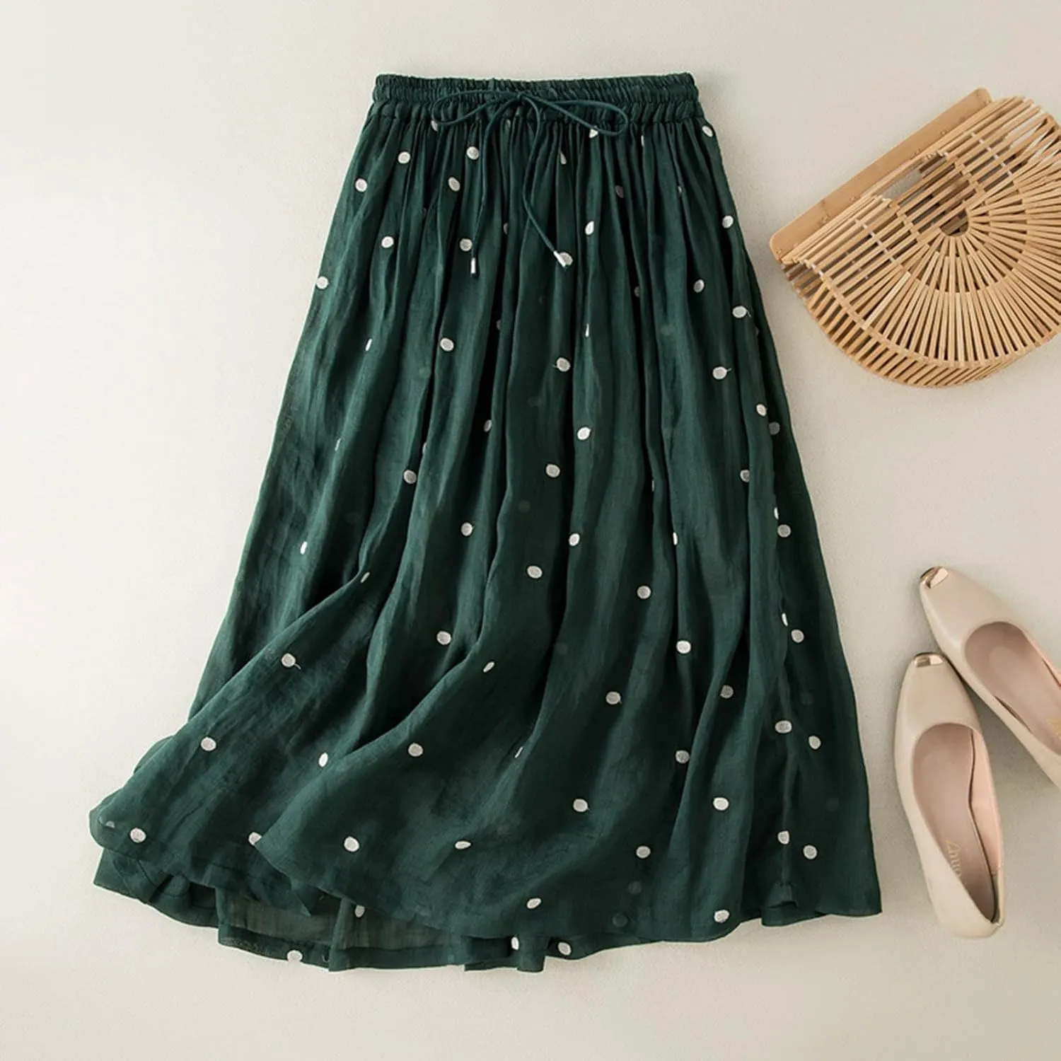 Polka Dot Tulle Skirts for Women 2025 Summer Drawstring High Waisted Elegant Flowy A-Line Swing Pleated Boho Midi Long Skirt