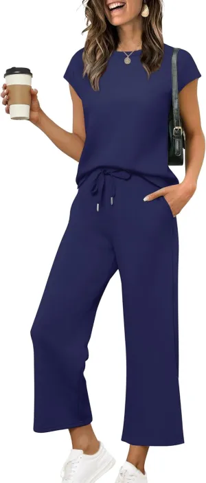 SAMPEEL 2 Piece Sets for Women Summer Matching Sets Women Clothing Ladies Loungewear Sweat Set Travel Outfits Resort Wear 2025 Blue M