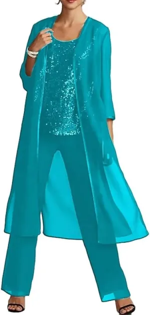 Saprkly Sequins Mother of The Bride Pant Suits for Women Chiffon Formal Evening Dress