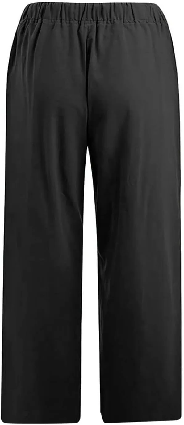 Seven Eighth Pants for Women Wide Leg Trousers Elastic Waist Casual Summer Beachwear Lightweight Linen Blend
