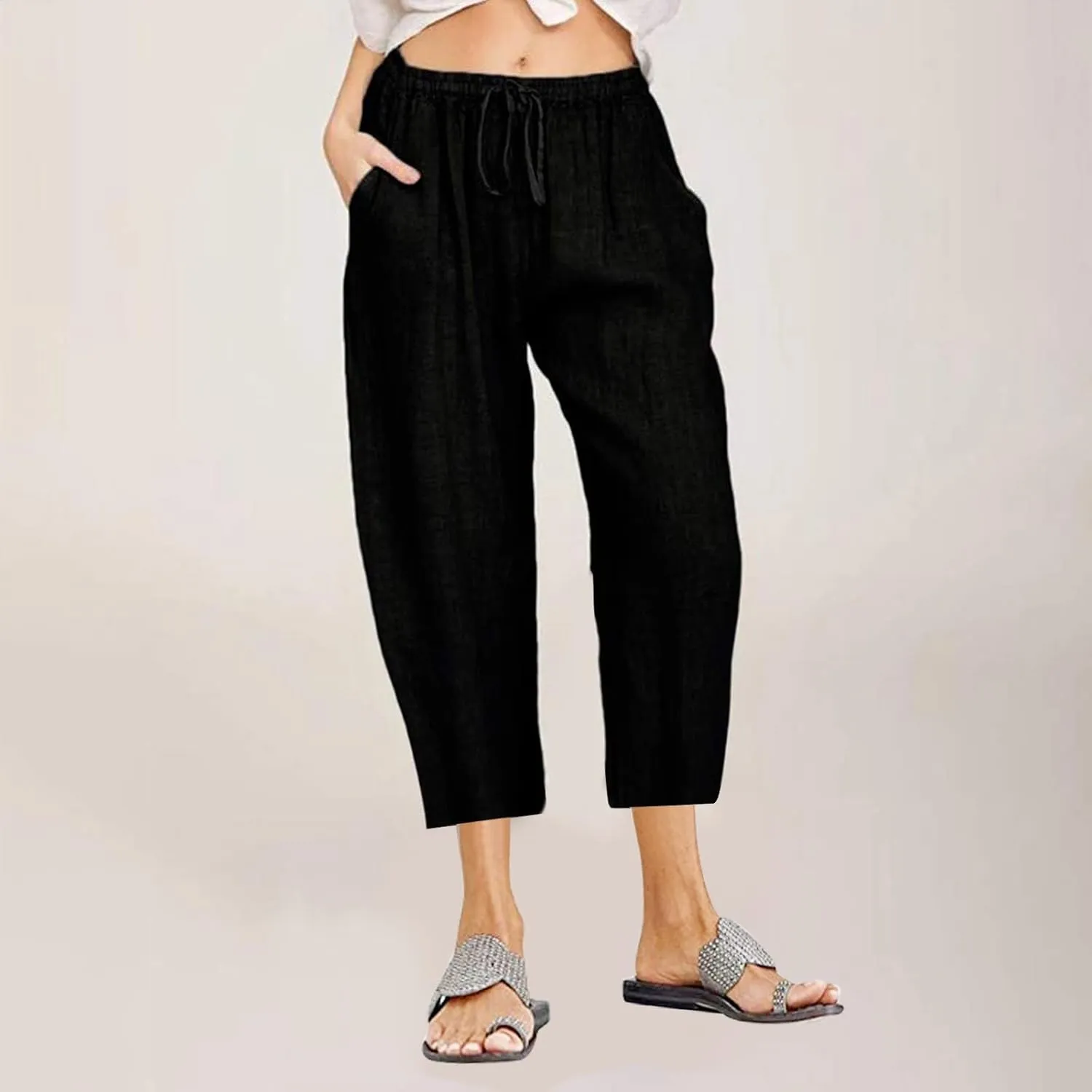Seven Eighth Pants for Women Wide Leg Trousers Elastic Waist Casual Summer Beachwear Lightweight Linen Blend