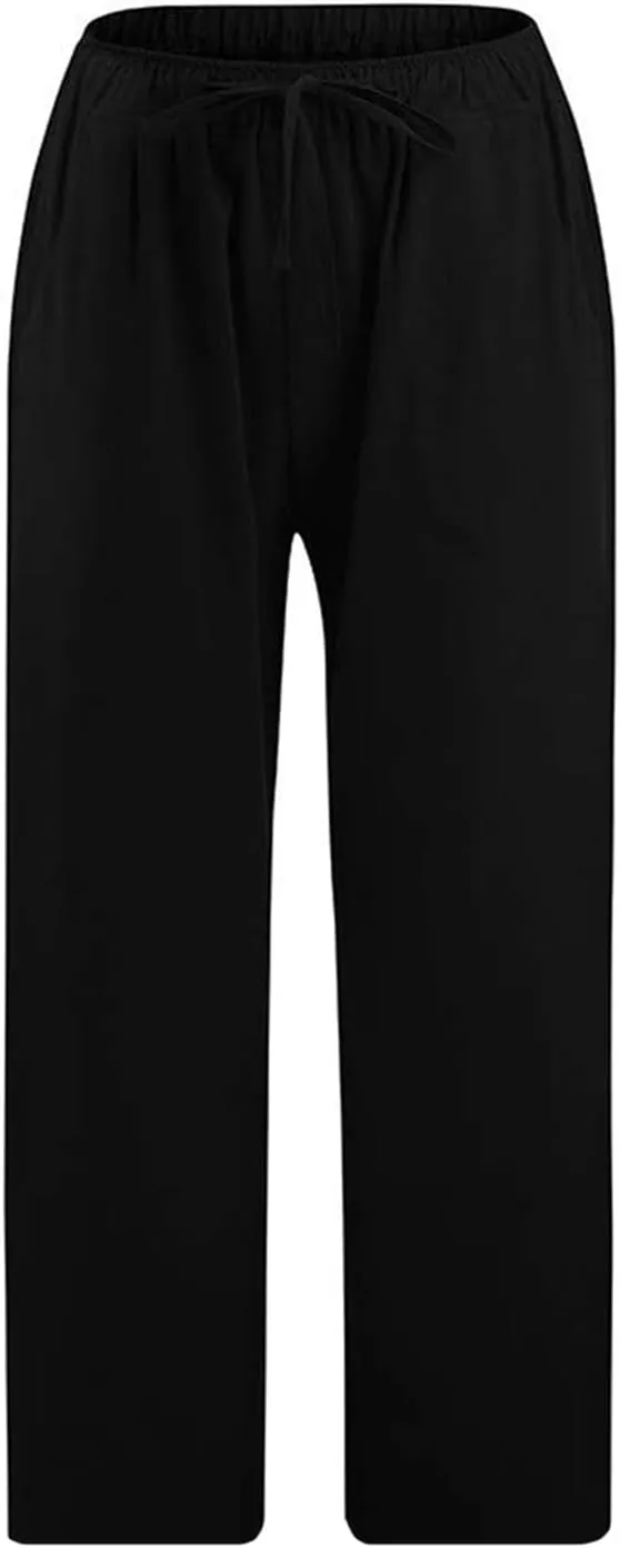 Seven Eighth Pants for Women Wide Leg Trousers Elastic Waist Casual Summer Beachwear Lightweight Linen Blend