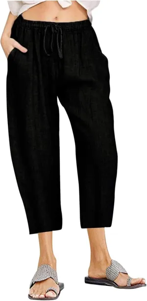 Seven Eighth Pants for Women Wide Leg Trousers Elastic Waist Casual Summer Beachwear Lightweight Linen Blend