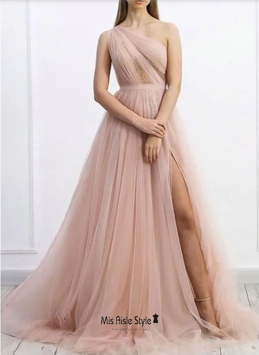 Sexy Slit One Shoulder Blush Tulle Evening Dress