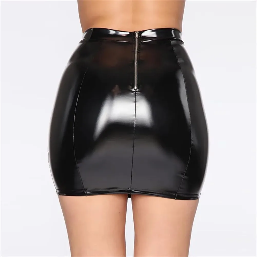 Shiny Patent Leather Skirts For Women High Waist Slim Bodycon Mini Skirts Stretch Pencil Skirts