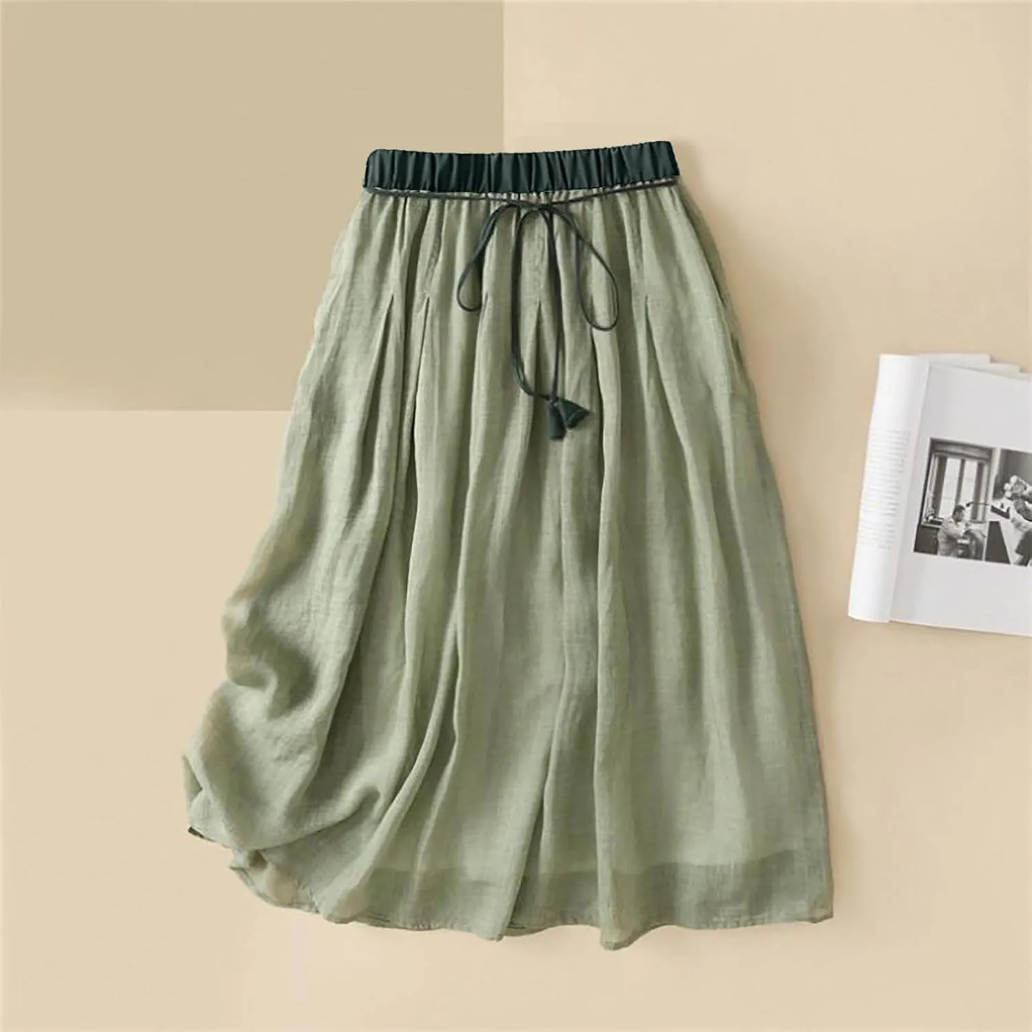 Skirts for Women Fall Spring Elastic Waist Double Layer Skirt Ethic Linen Long Skirts Comfy Loose Fit Midi Skirt
